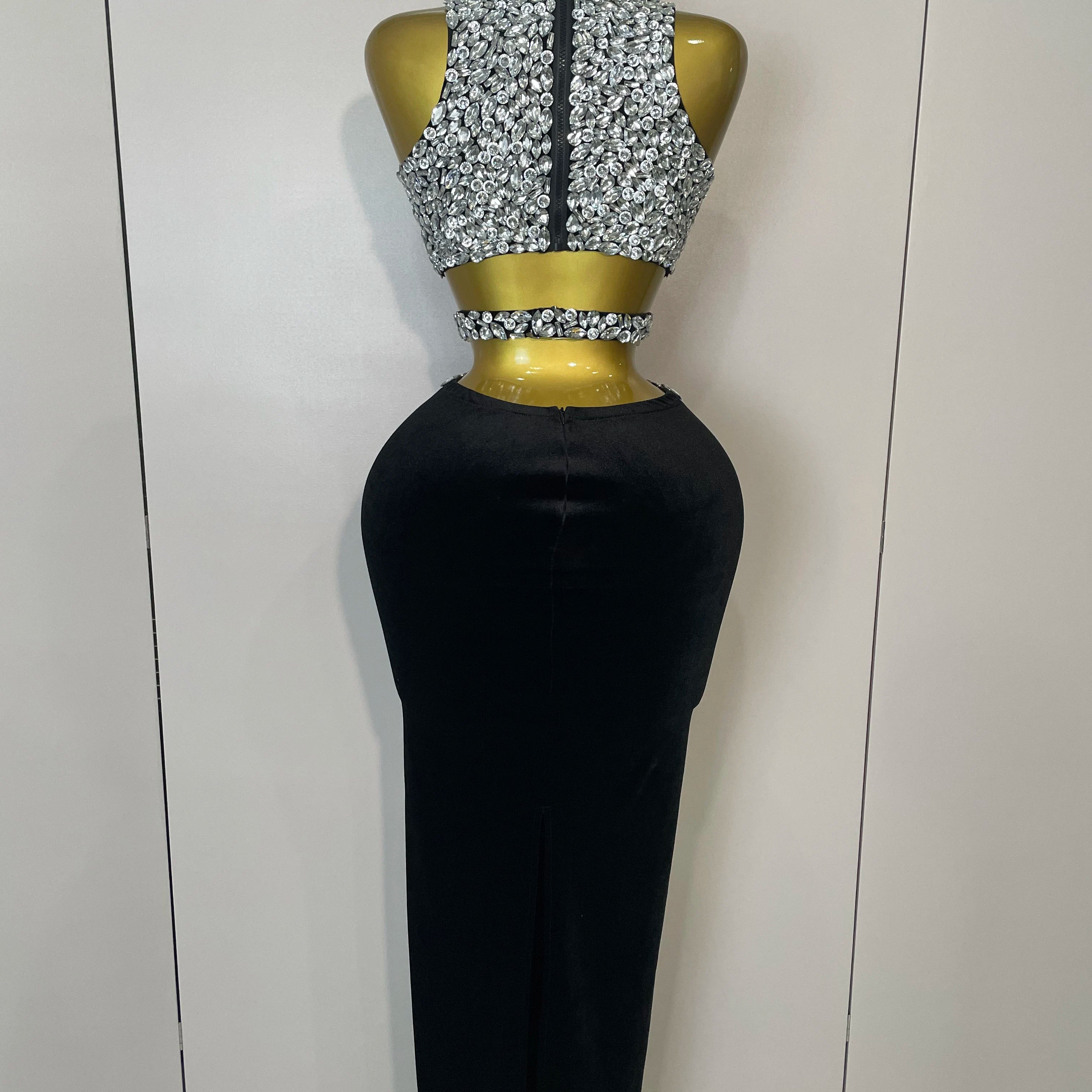 STOCK 2025 Women Sparkly Rhinestone Two-piece Set Sexy Velvet Singer Nightclub Outfit Celebrate Birthday Elegant Party Dresses