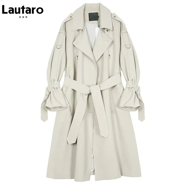 Lautaro Spring Autumn Long Soft Flowy Trench Coat for Women Sashes Raglan Sleeve Double Breasted Loose Casual Korean Fashion