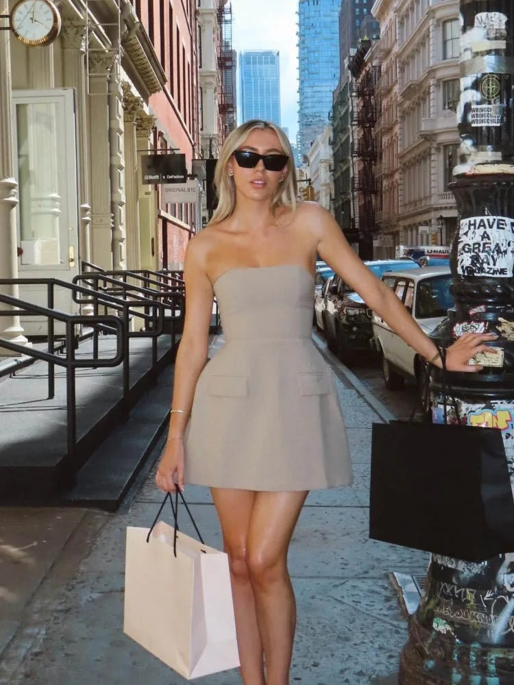 Sexy Solid Strapless Mini Dress For Women Elegant Slim Backless Pockets A-line Dresses Female Chic High Street Vestido Robe