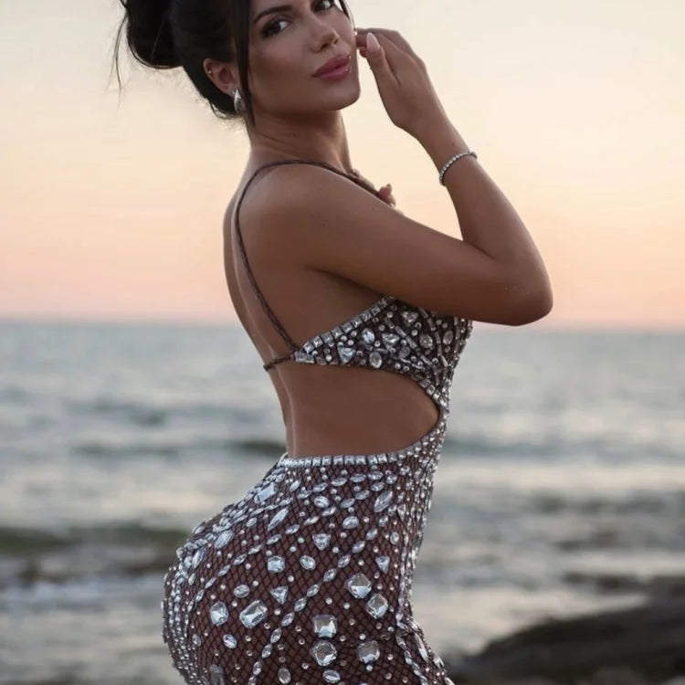 Stock Women Luxury Sexy Mesh Sequins Crystal Diamonds Mini Dress Birthday Party Costume Bar Nightclub Stage Performance Dress