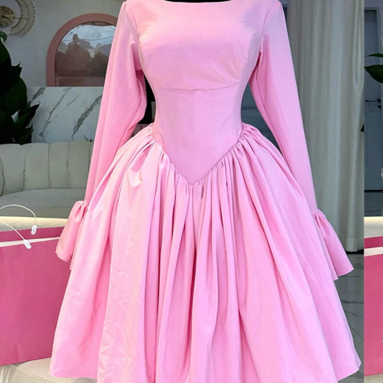 2025 Women O-neck Long Flare Sleeve Pleated Mini Midi Dress Backless Elegant Birthday Beach Night Party Vestidos Dresses pink