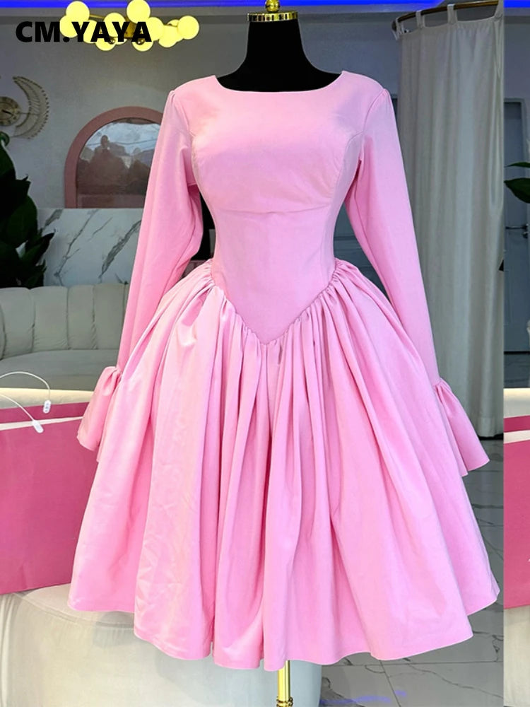 2025 Women O-neck Long Flare Sleeve Pleated Mini Midi Dress Backless Elegant Birthday Beach Night Party Vestidos Dresses pink