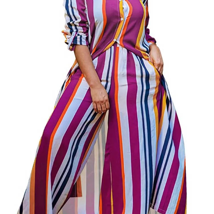 2 Piece Outfit Set Women Plus Size Matching Sets Long Shirt Top and Pants Sets Striped Casual Outfits 5xl Women Autumn Clothes PURPLE