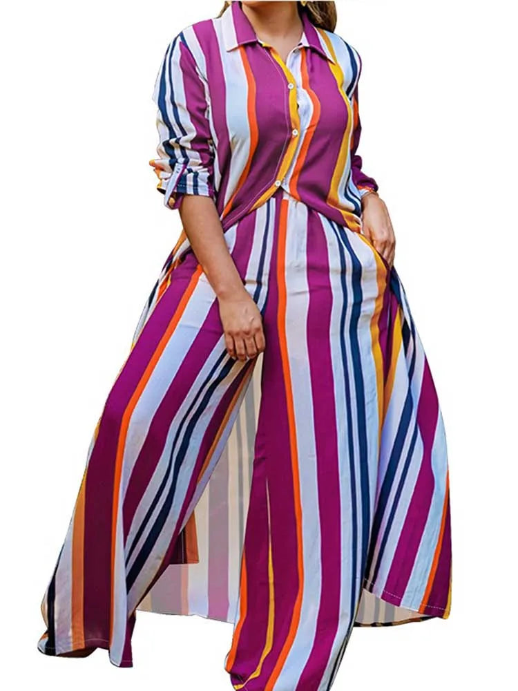 2 Piece Outfit Set Women Plus Size Matching Sets Long Shirt Top and Pants Sets Striped Casual Outfits 5xl Women Autumn Clothes PURPLE