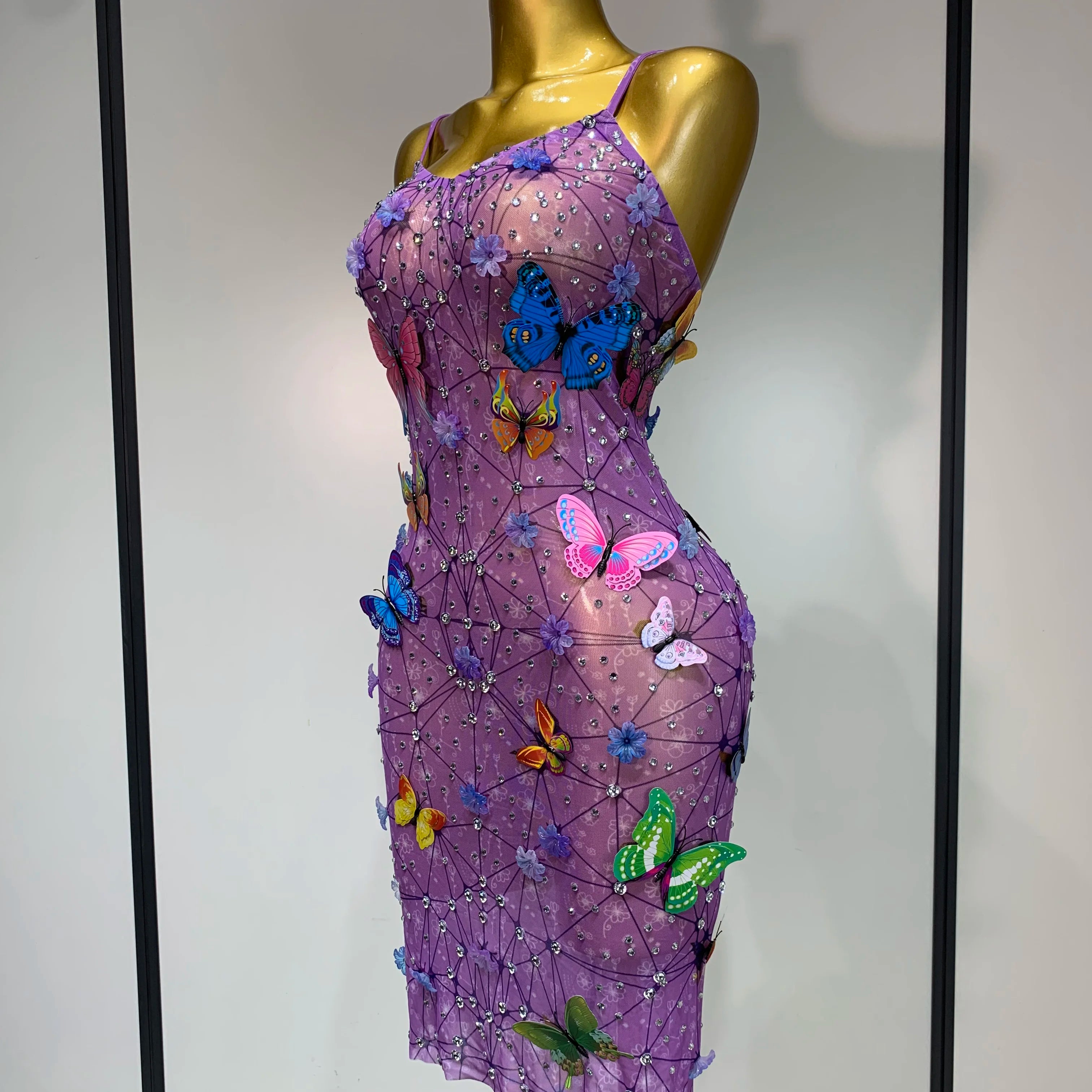 Sparkly Women Sexy Mesh See Through Dress 2025 Butterfly Purple Celebrity Luxury Birthday Nightclub Stage Outfit