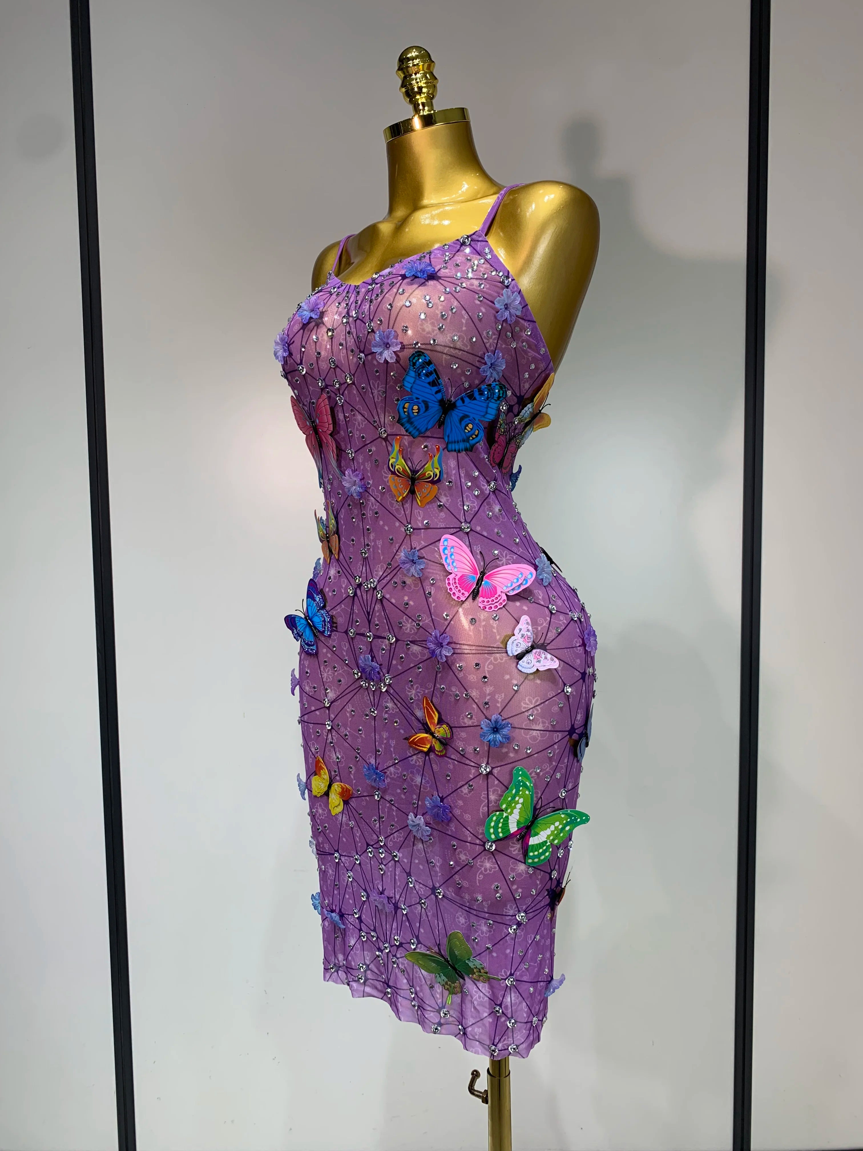 Sparkly Women Sexy Mesh See Through Dress 2025 Butterfly Purple Celebrity Luxury Birthday Nightclub Stage Outfit