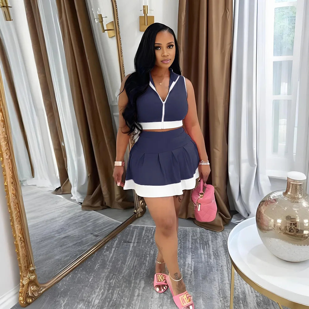 CM.YAYA Women's Set Sleeveless V-neck Vest  + Pleated Skirts 2025 Summer Cute Street Beach Two 2 Piece Sets Outfits Tracksuit