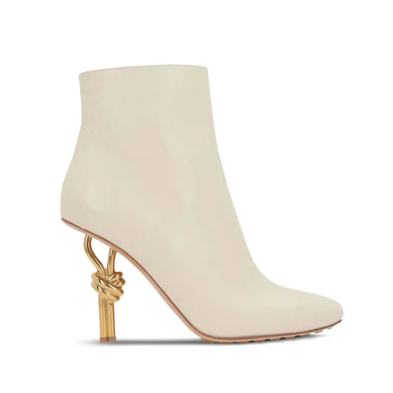 Women Metal Knot Shaped Heel Boots High Heel Ankle Nude Boots Elegant Office Side Zip Square Toe Heels Boots as photo 1