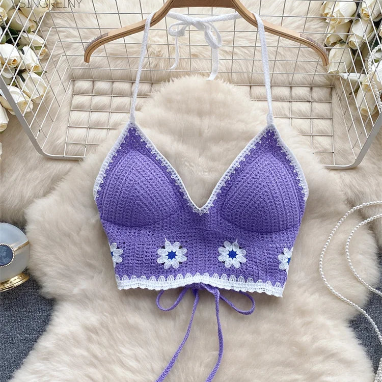 SINGREINY Floral Hook Knit Camisole Women Elegant Backless Fashion Vacation Ladies Backless Summer Bikini Sexy Beach Bra purple One Size