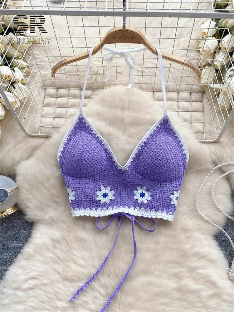 SINGREINY Floral Hook Knit Camisole Women Elegant Backless Fashion Vacation Ladies Backless Summer Bikini Sexy Beach Bra purple One Size