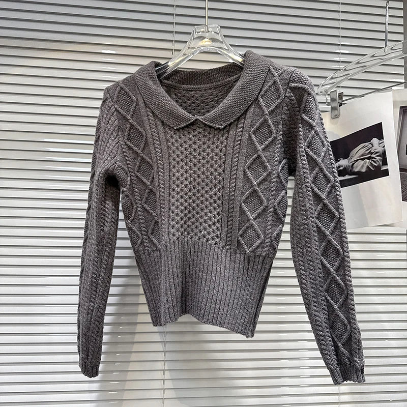 Winter New Fashion Style Lapel Edge Pattern Short Knitted Sweater For Women Solid Color Slim Fit Pullover 11A07925 Gray One Size