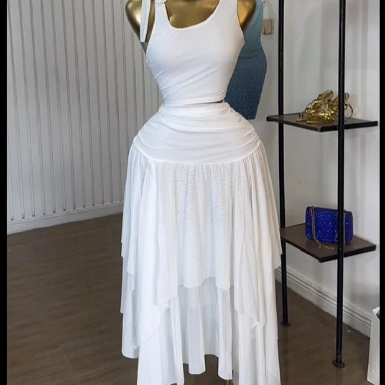 Women Tie Up Shoulder Sleeveless Knit Tank Top and Irregular Maxi Long Skirt Suit 2025 Summer Two 2 Piece Set Outfits WHITE