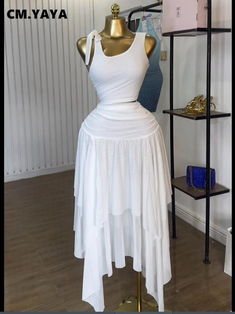 Women Tie Up Shoulder Sleeveless Knit Tank Top and Irregular Maxi Long Skirt Suit 2025 Summer Two 2 Piece Set Outfits WHITE