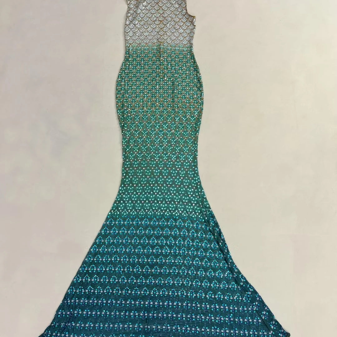 Trendy Gradient Sparkling Crystal Sheer Mesh Long Dress Sexy High-end Skinny Evening Dress Birthday Night Party Outfit Qingshe