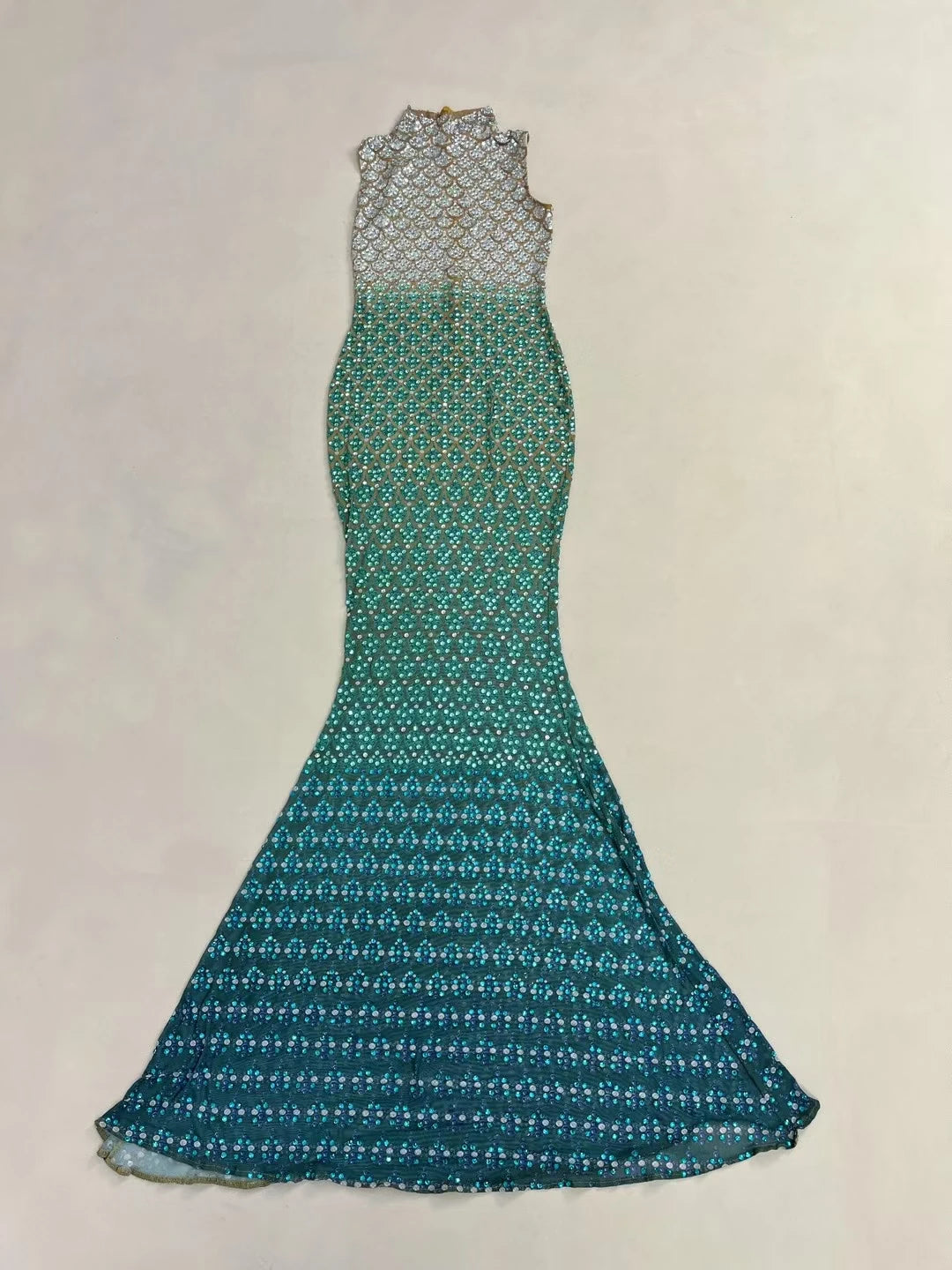 Trendy Gradient Sparkling Crystal Sheer Mesh Long Dress Sexy High-end Skinny Evening Dress Birthday Night Party Outfit Qingshe