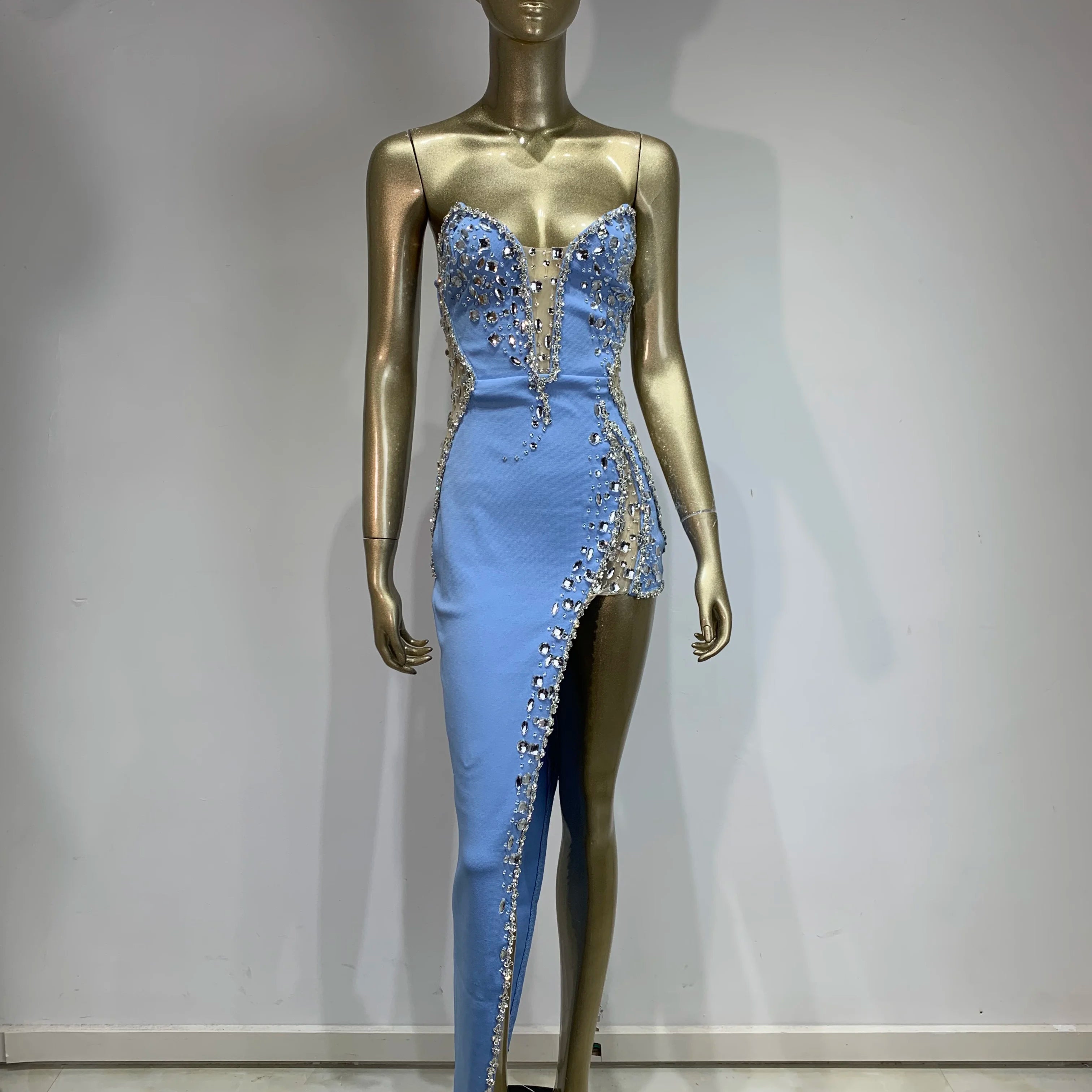 White Pink Blue Color Women Sexy Strapless Shinning Crystal Bodycon Bandage Maxi Dress Celebrate Evening Party Outfit Vestido SKY BLUE