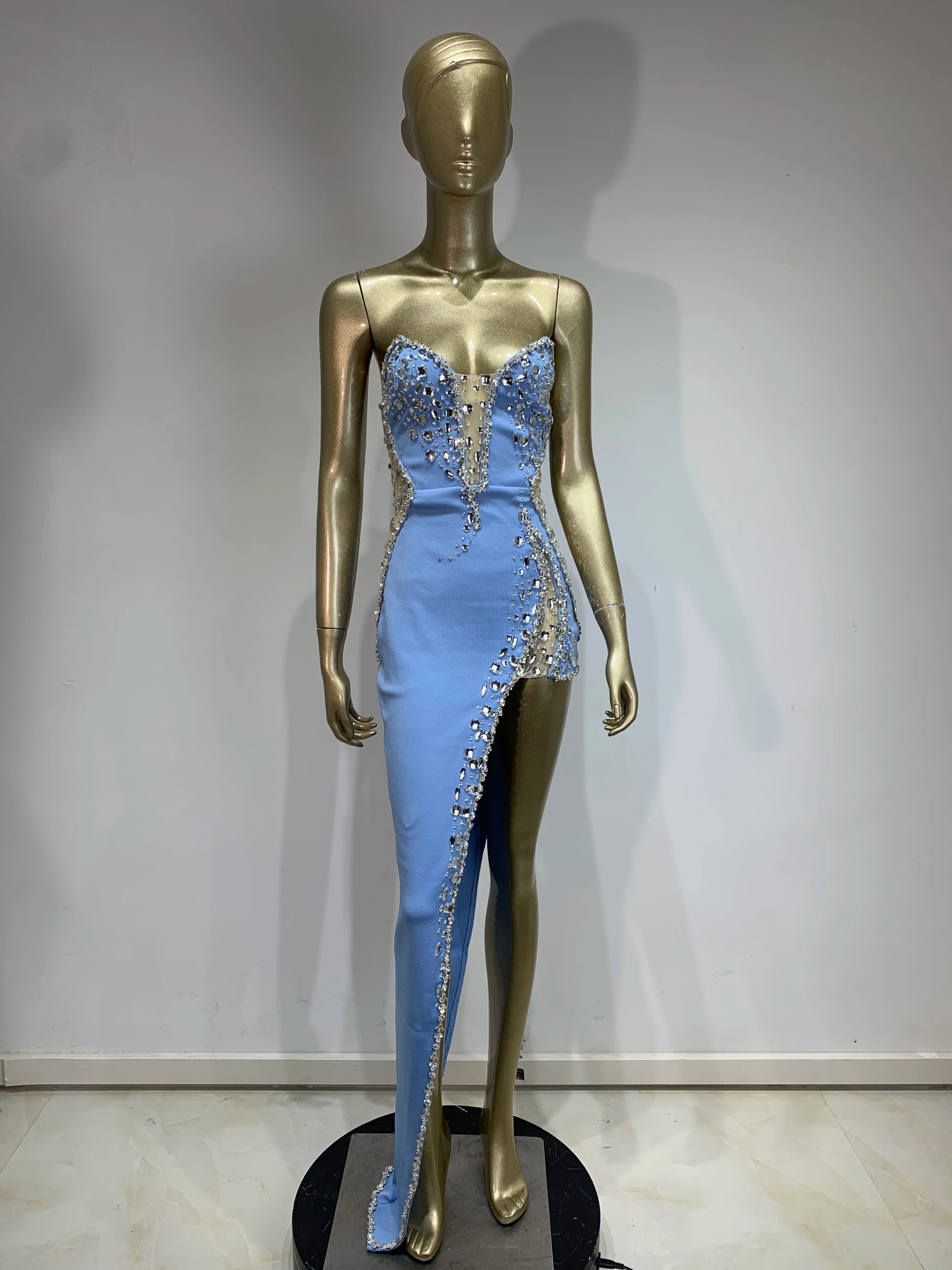 White Pink Blue Color Women Sexy Strapless Shinning Crystal Bodycon Bandage Maxi Dress Celebrate Evening Party Outfit Vestido SKY BLUE