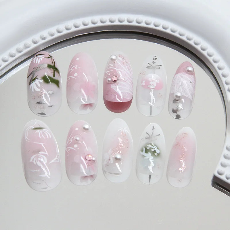 24pcs Sweet Almond Fake Nail Tips Hand-painted Flower Pearl Pattern Blush Pink Press On Nails Gentle Ins Style False Nails