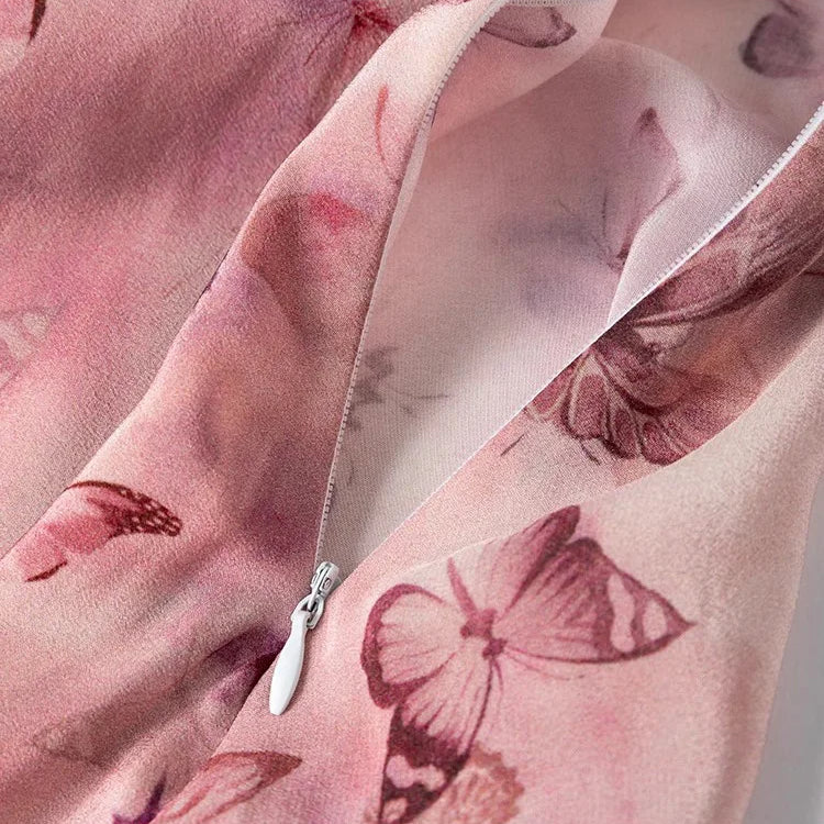 French Artistic Pink Purple Butterfly Printing 1.2-meter Extended Large Skirt Hem 100% Natural Mulberry Silk Women's Dress