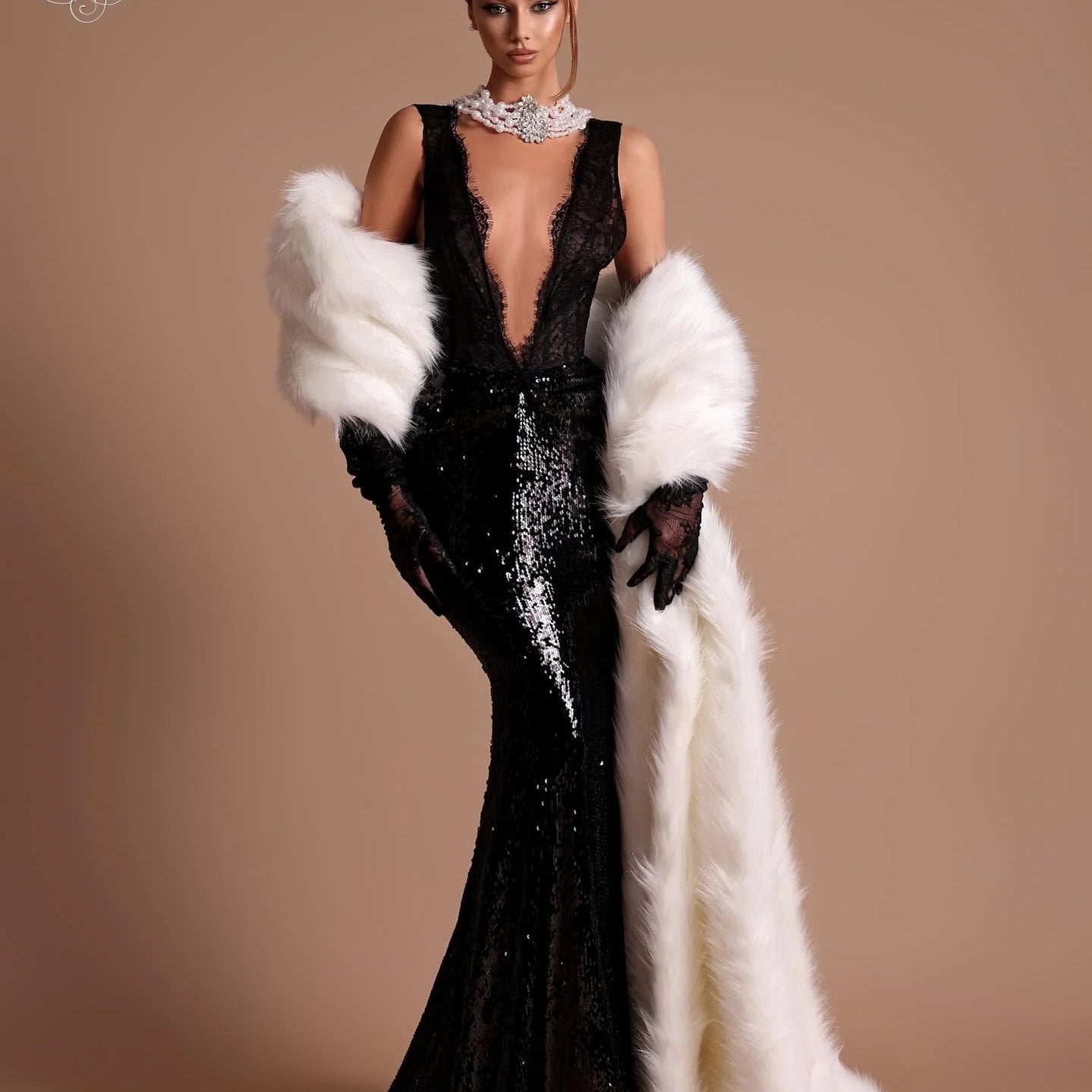 VC Alluring Black Sequin Deep V Neck Backless Lace Design Mermaid Dress for Party Dinner Evening Gown