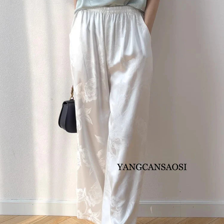 Women's Fashion Spring New 45MM Heavyweight 100%Natural Mulberry Silk Jacquard Satin White Versatile Wide Leg Pants