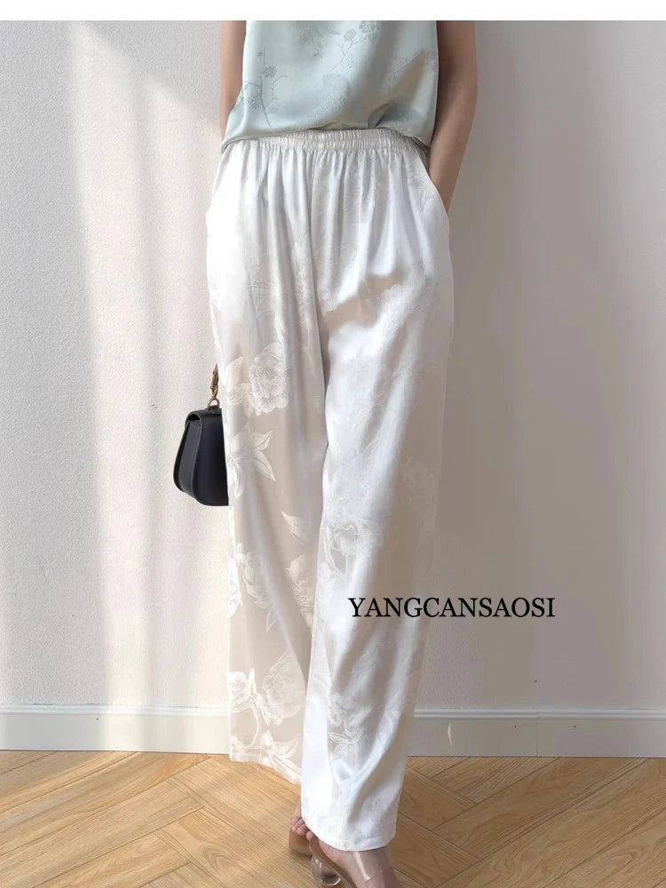 Women's Fashion Spring New 45MM Heavyweight 100%Natural Mulberry Silk Jacquard Satin White Versatile Wide Leg Pants