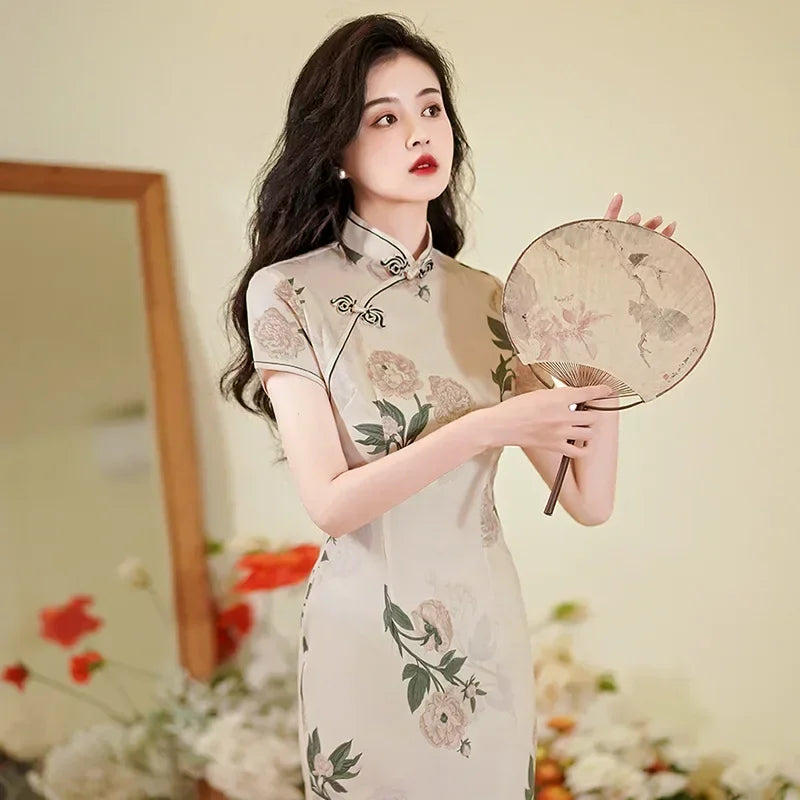 Cheongsam Qipao Fashion Clothes Casual Elegant Ethnic Style Vintage Dress for Women Streetwear Women Clothing Party Chinese DQ6-1apricot