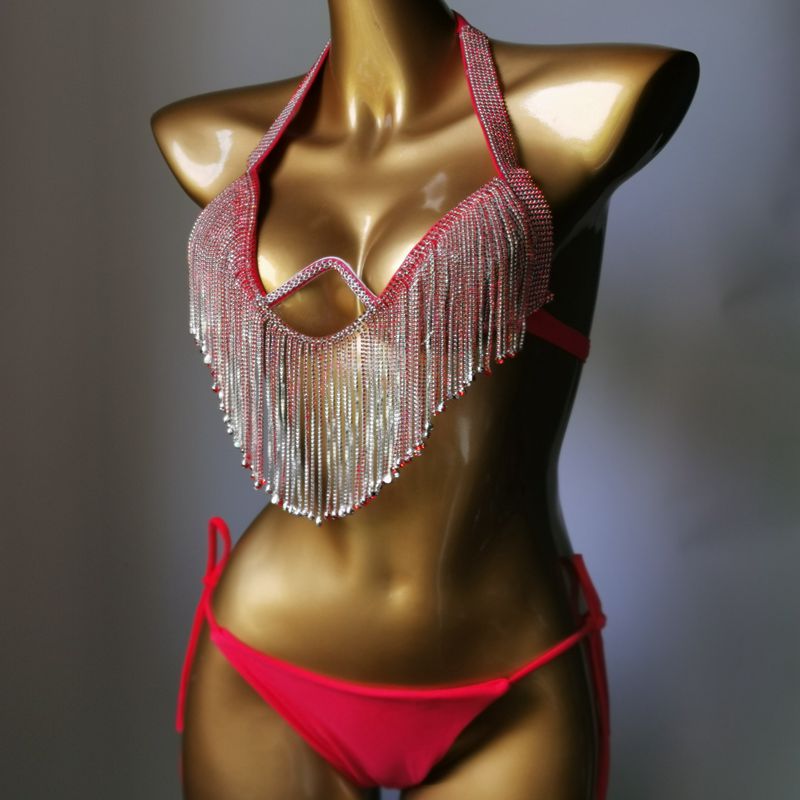 Sexy Push Up Gathered Bikini Luxury Crystal Diamond Women's Swimsuit High-End Rhinestone Tassel Triangle Swimwear
