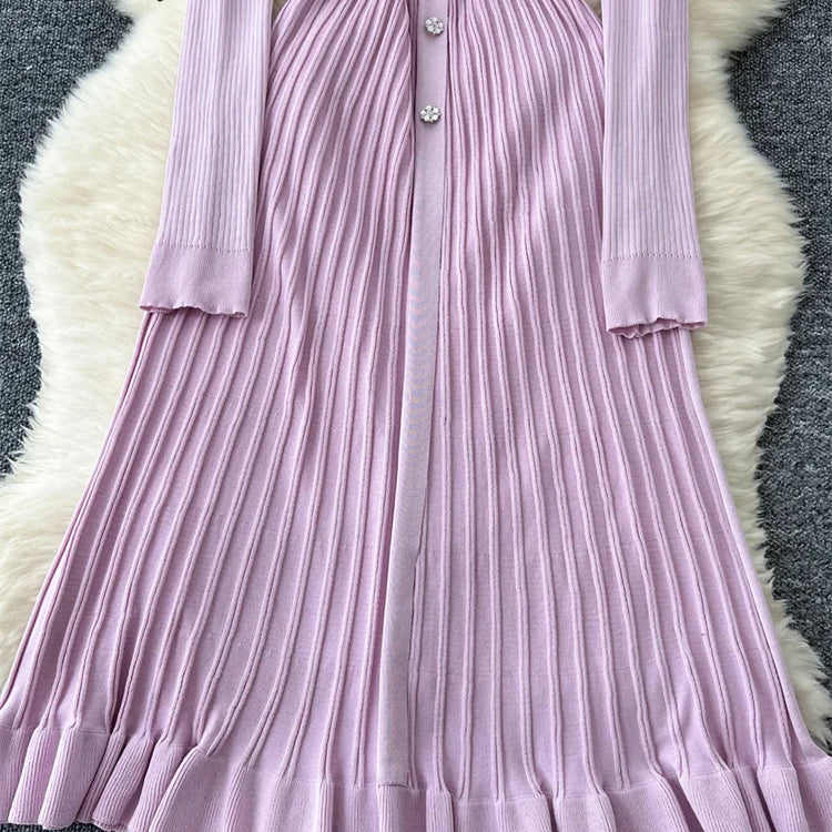 SINGREINY Autumn Knitting Sweater Dress Ladies V-Neck Single Breasted Full Sleeve Soft Slim Senior Knitted Casual Long Dress