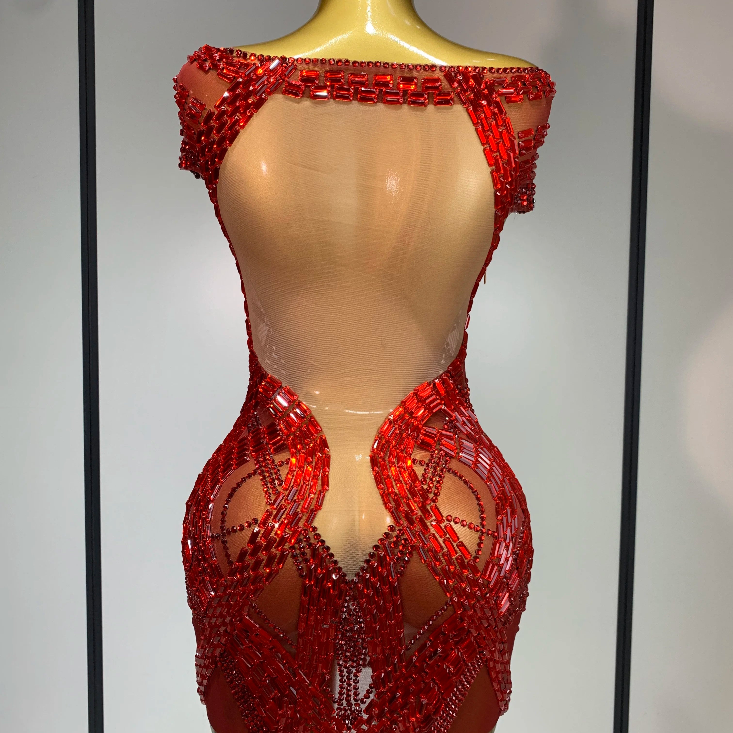 Luxury Rhinestones Sexy Mesh See Through Mini Dress Women Celebrate Birthday Evening Party Dress Stage Performance Costume