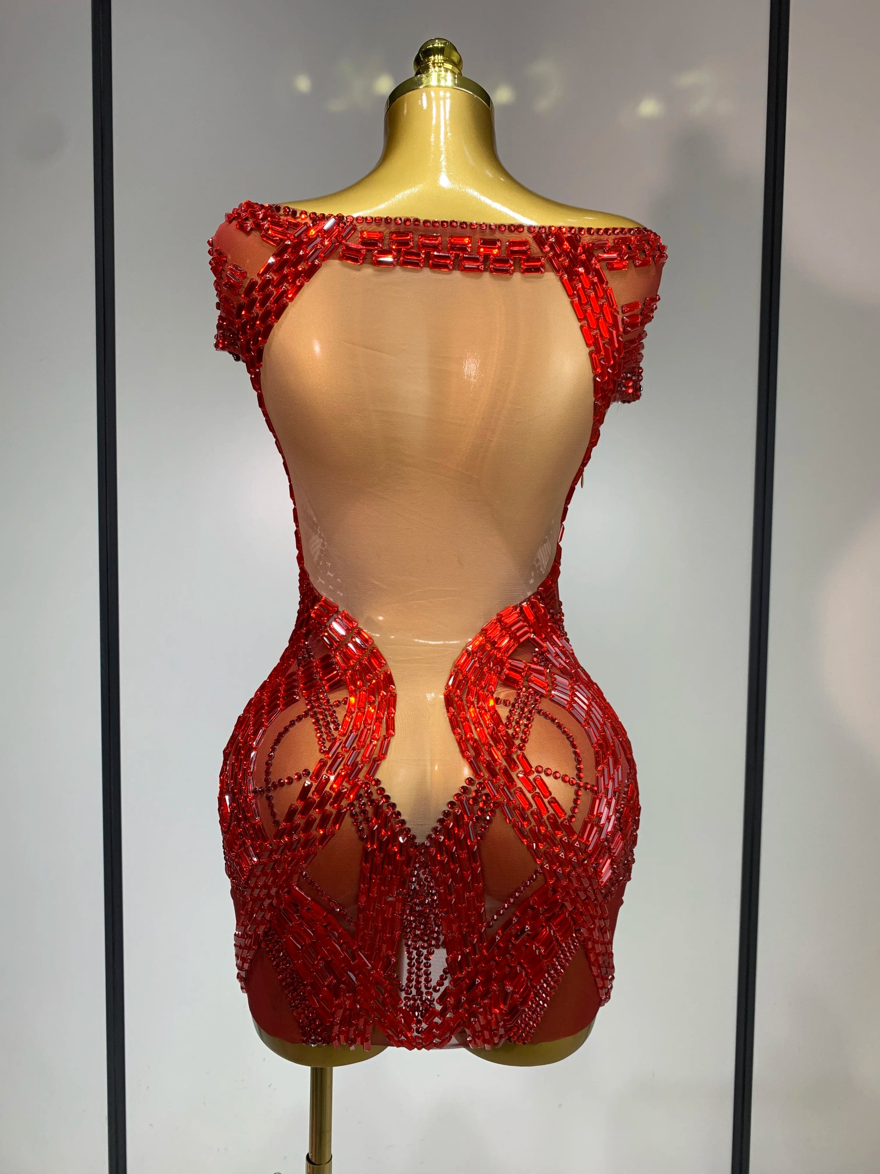 Luxury Rhinestones Sexy Mesh See Through Mini Dress Women Celebrate Birthday Evening Party Dress Stage Performance Costume