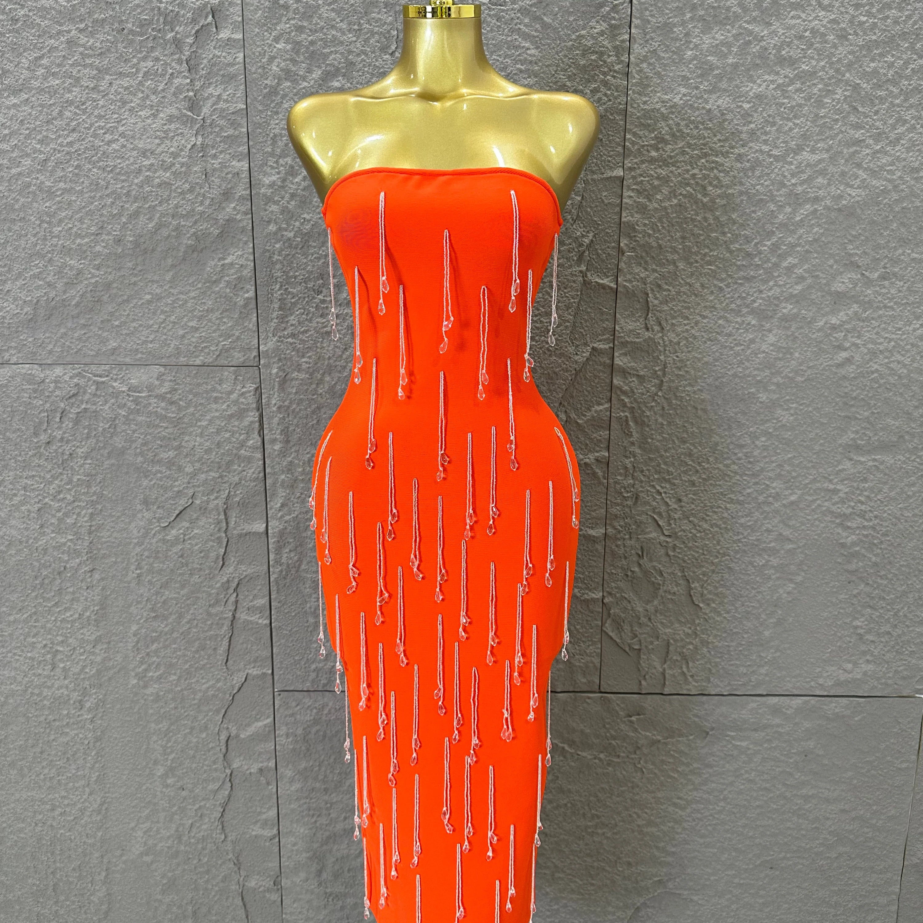 Elegant Orange Crystal Tassel Midi Dress Women Sexy Strapless Rhinestone Fringe Bodycon Slim-fit Outfit Evening Gala Costume Orange