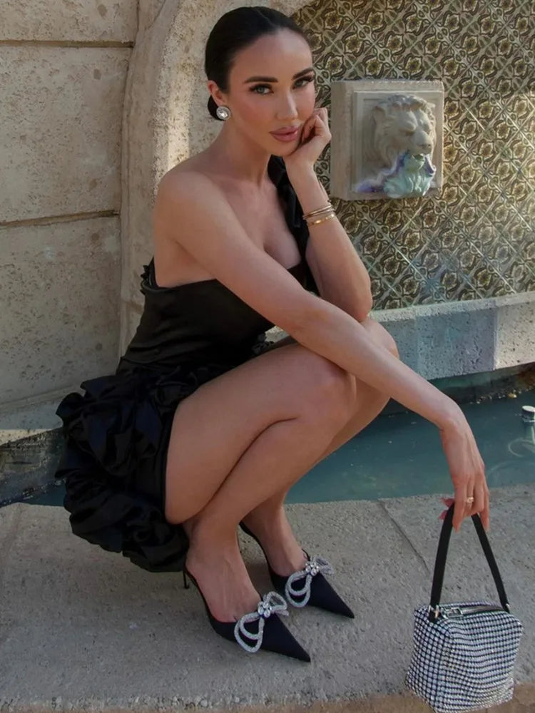 Newest Women Celebrity Sexy One Shoulder Ruffles Black Mini Gowns Dress 2024 Elegant Evening Party Club Dress Vestido
