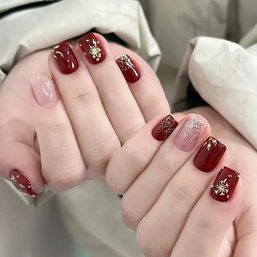 24pcs/set short medium fake nails square ballet tips new year red gradient colors with glitters faux ongles press on false nail 1712