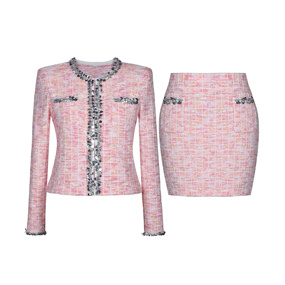 Two Piece Sets for Women Round Neck Long Sleeves Spliced Diamonds Top High Waist Patchwork Pockets Skirt Female New PINKSET