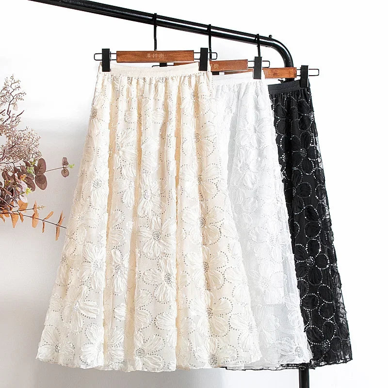 Lace Tulle Skirts New Spring A-Line Floral Embroidery Beading Shiny Sequins Mesh Tutu Skirt for Women Faldas Mujer Moda P416