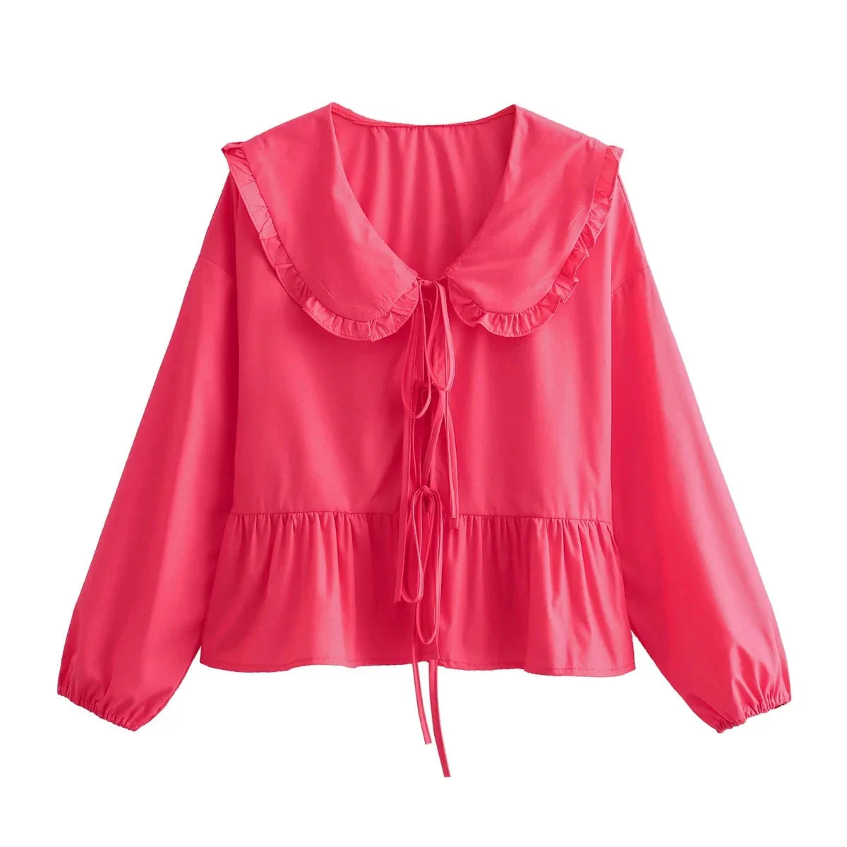EDSA Women Elegant Ruffles Shirt Summer Blouse with Peter Pan Collor Lantern Sleeves Bow Buttons Sweet Soft Top Rose Red