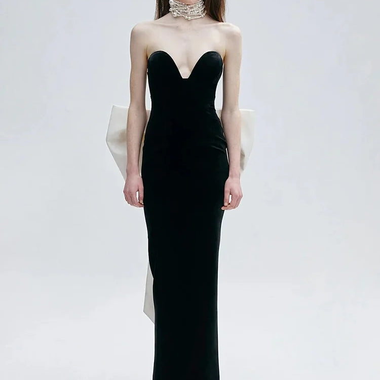 VC Glamorous Black Mermaid Strapless V-Neck Dress Gown with Bow Detail for Galas Wedding Party