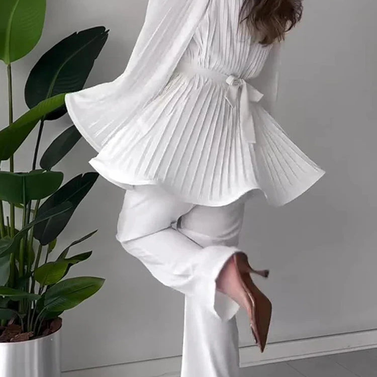 Loose Pleated Top Pants Women Belt Suit Elegant O-neck Long Batwing Sleeve Big Swing Top Wide Leg Pant 2 Piece Sets Outfit