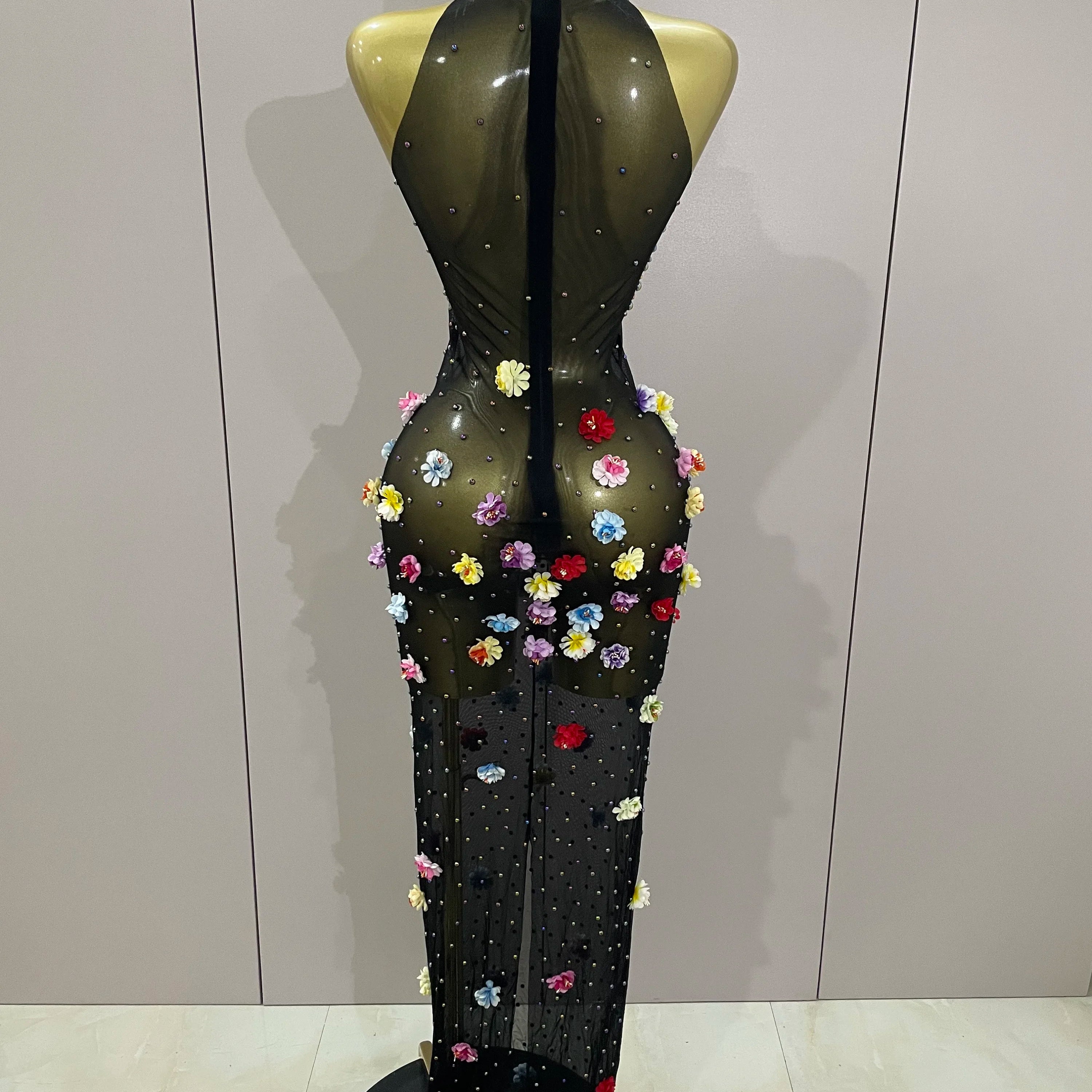 Sparkly Rhinestones Flowers Sexy See Through Long Dress 2025Women Birthday Celebrate Wedding Evening Prom Dress Photo Shoot Wear