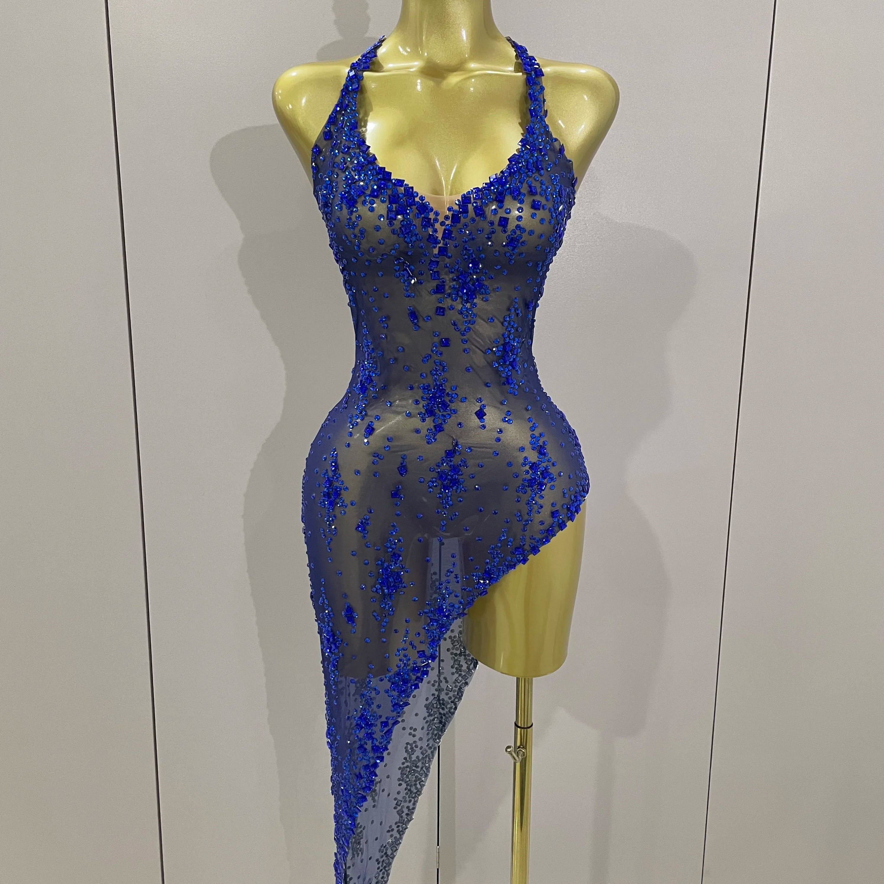 2025 New Sparkly Rhinestone V Neck Stretch Mesh Sexy See Through Dress Women Elegant Party Celebrate Perform Costume Stage Outfi Blue