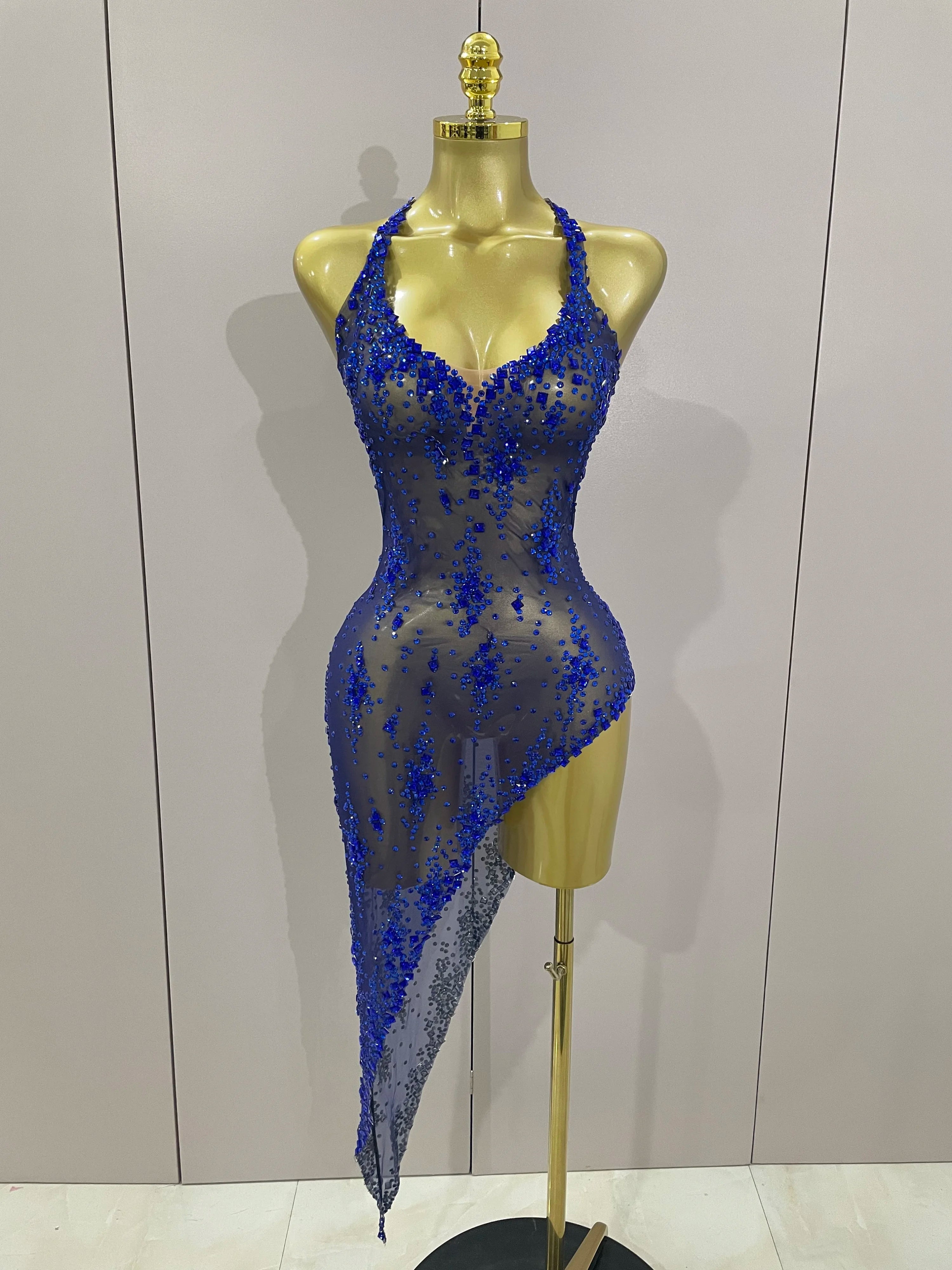 2025 New Sparkly Rhinestone V Neck Stretch Mesh Sexy See Through Dress Women Elegant Party Celebrate Perform Costume Stage Outfi Blue