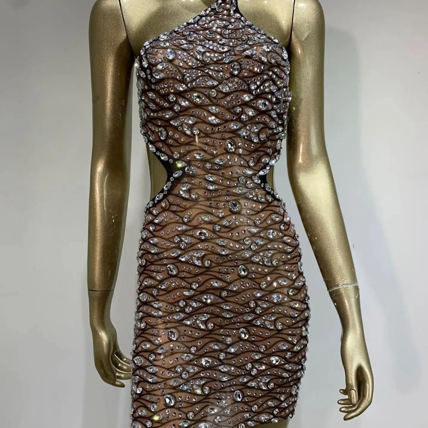 2025 Women Sexy One Shoulder Crystal Diamonds Cut Out Mini Dress Birthday Party Costume Bar Nightclub Stage Performance Outfit Brown