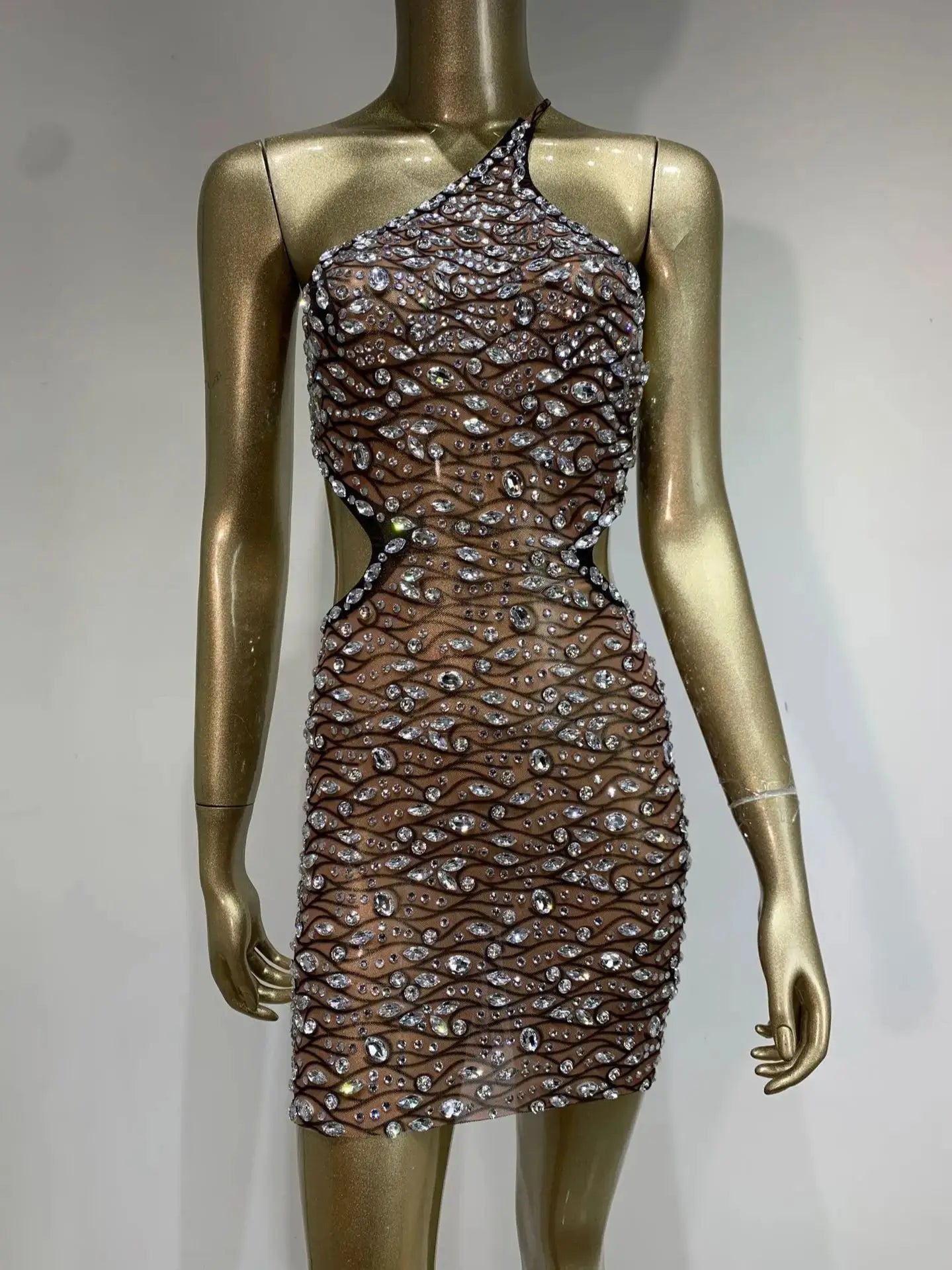 2025 Women Sexy One Shoulder Crystal Diamonds Cut Out Mini Dress Birthday Party Costume Bar Nightclub Stage Performance Outfit Brown