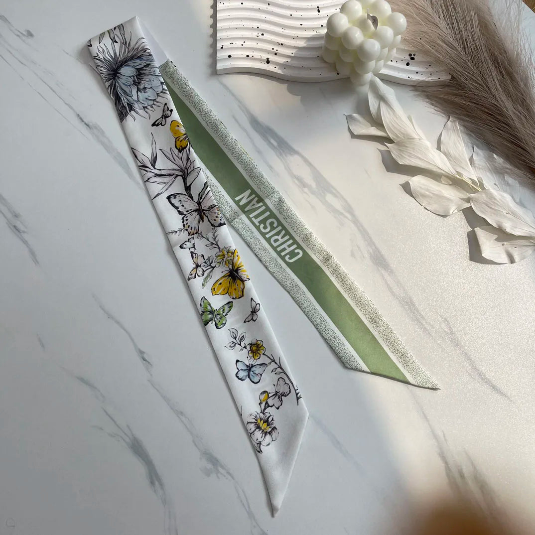 Brand CD Butterfly Around the World Women's Ribbon Scarf Twill Silk Mulberry Silk Long Small Silk Scarf Neckerchief Bags Tie BHD green