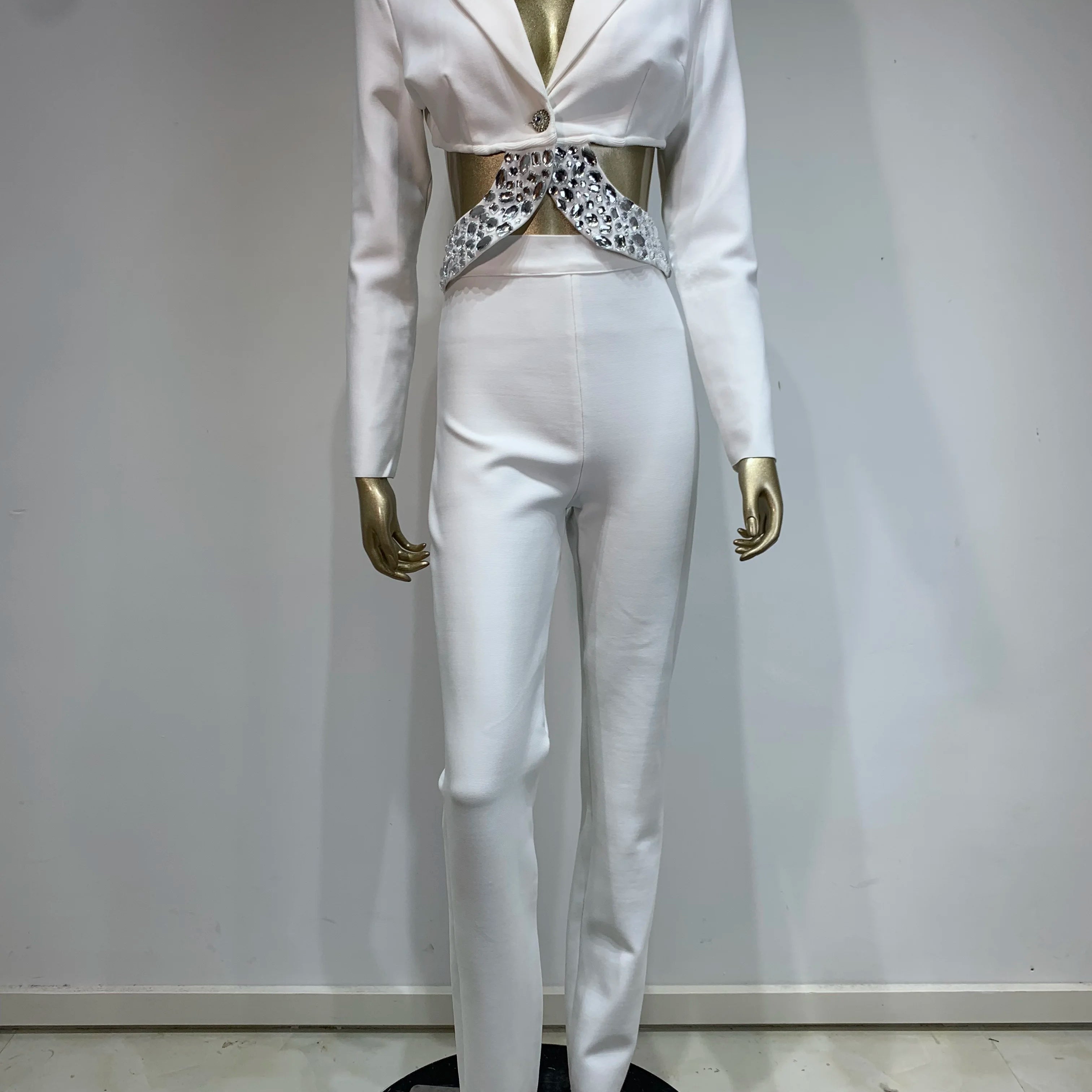 Women Winter Sexy Long Sleeve Beading Black White Two Pieces Pants Bandage Set 2025 Celebrity Designer Fashion Women's Set