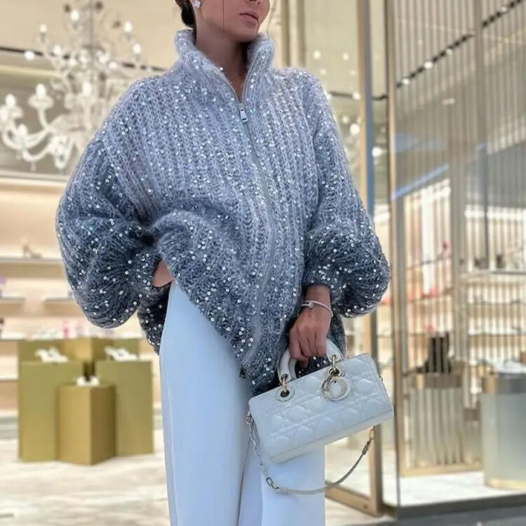 Sequin Knitted Women's Sweater Autumn Bishop Sleeve Zippers Loose Casual Sweaters Female 2024 Lady Stand Collar Outerwear