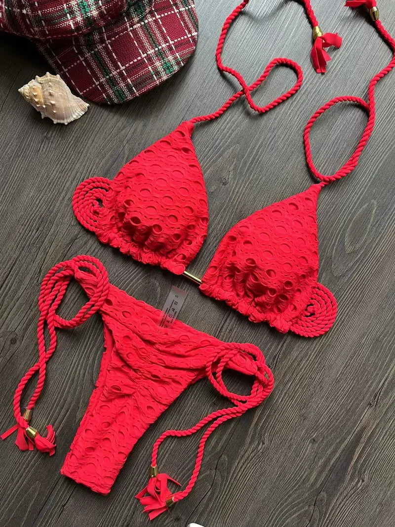 Para Praia Hollow Out Bandage Swimwear Halter Bikini Set Thong Swimsuit Women Biquini Brazilian Bathing Suit Beachwear 8288