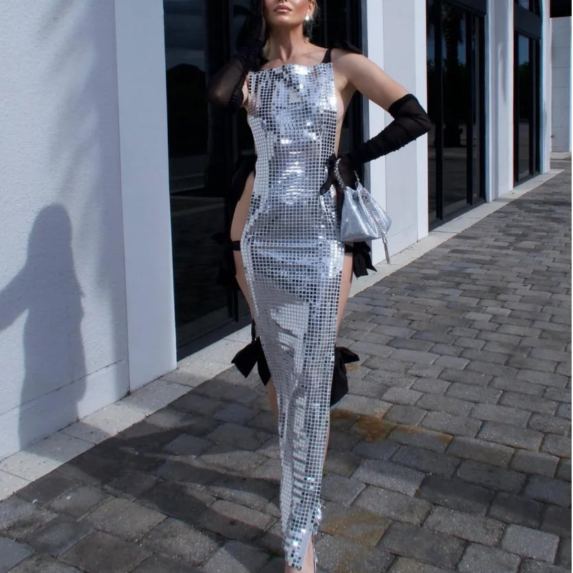 Celebrity Red Carpet Dress Women Sleeveless Sexy Shinning Sequined Bodycon Long Dress Side Bow Celebrate Evening Party Wear