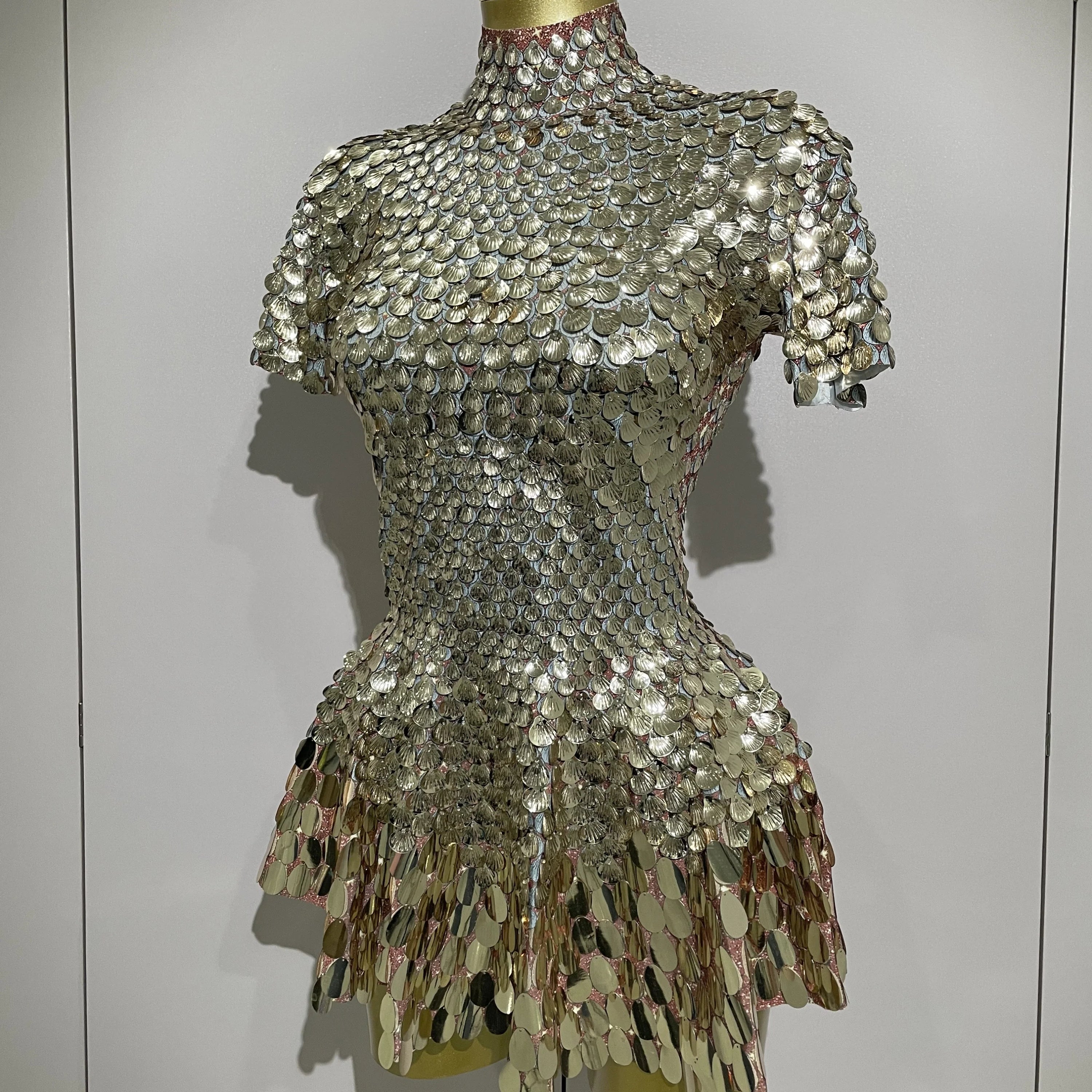 Luxury Shiny Shell Sequins Bodysuit Dress Women Sexy Nightclub Dance Performance Clothing Birthday party Dresses